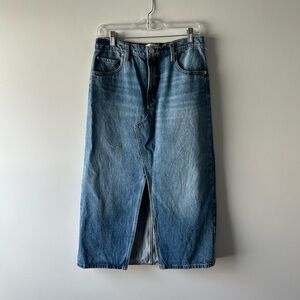 Frame medium wash denim midi skirt